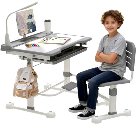 YLGJ&TIDY Desk and Chair Set for Kids Height Adjustable Drawing Desk Functional Study Table with 55° Tilt Desktop, Writing Board, Pen Slot, 3 Mode LED Light, Storage Drawer, Hook, Book Stand (Gray)