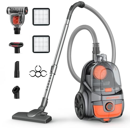 Aspiron Canister Vacuum Cleaner, Lightweight Bagless Vacuum Cleaner, 3.7QT Large Dust Cup, Automatic Cord Rewind, 5 Tools, HEPA Filter, Variable Speed Upright Vacuum for Hard Floors, Pet, Tangerine