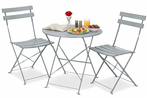 Set Cortina Bistrot da Giardino – Tavolo Rotondo e 2 Sedie Pieghevoli in Acciaio, Colore Tortora, Design Elegante per Balcone, Terrazzo Giardino e Veranda