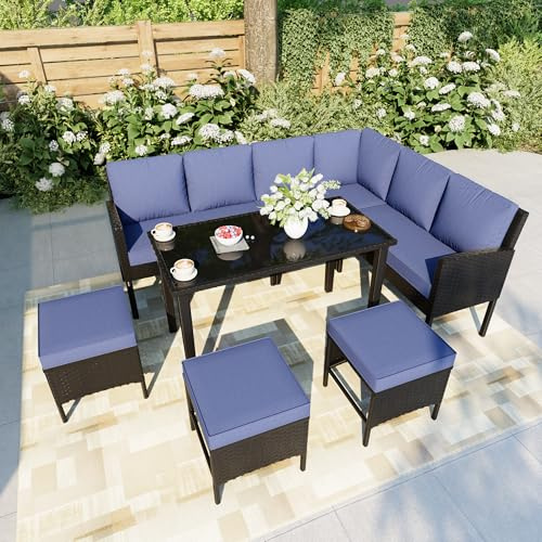 7 Pieces Patio Dining Set with Ottoman, Outdoor Conversation Sets with Glass Dining Table, Black Wicker Rattan Sectional Seating Sofa Group Furniture for Outside, Balcony, Garden, Blue Cushions