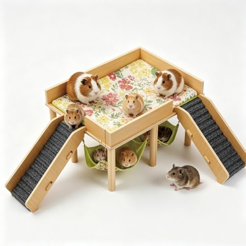 Guiwuiyu Meerschweinchen Haus aus Holz, Meerschweinchen Versteck mit Hängematte und Rampe, Kleine Haustiere Spielzeug Zubehoer, Versteck für Zwerg Hamster Rennmäuse Degus Stachelmäuse Kaninchen