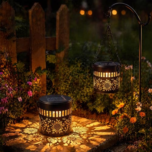 Begonia 2 lámparas solares para exterior jardín colgante, farolillo solar de metal para exteriores, 4 tipos de montaje, IP65, resistente al agua, luces solares de girasol, jardín para terrazas, balcón