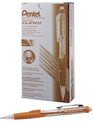 Pentel Twist-Erase CLICK Mechanical Pencil, (0.7mm), CLEAR Barrel, Orange Grip, 12 pack (PD277TF)