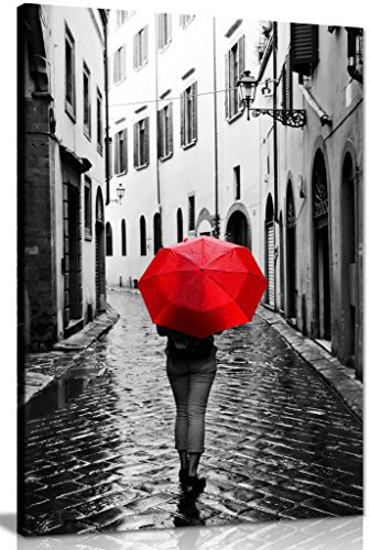 Woman with Red Umbrella Black & White Canvas Wall Art Picture Print (18x12in)
