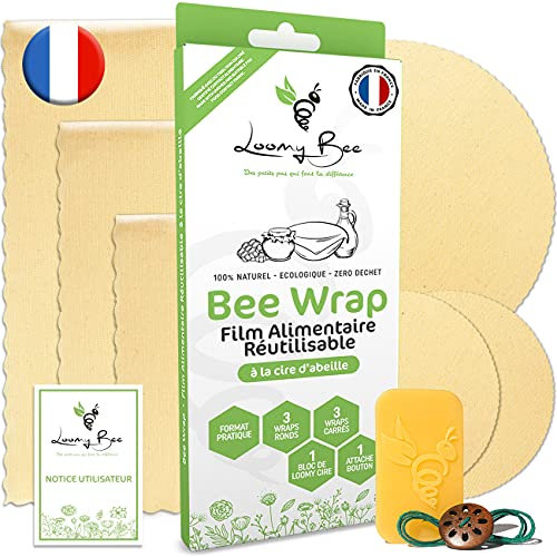 Loomy Bee Wrap ou Emballage Cire d'abeille Réutilisable - Lot de 6 - Film Alimentaire Réutilisable écologique, lavable et zéro déchet - Cadeau Ecolo - Beewrap made in France (Écru naturel)