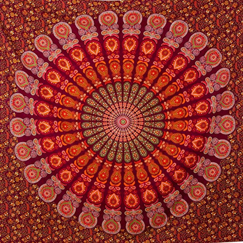 MOMOMUS Wandteppich Mandala - Mehrzweck, Bunt, 100% Baumwolle - Ideal als Wandteppich Aesthetic, Wandtuch Boho, Indischer Wandbehang aus Stoff oder Wall Tapestry - Rot, 210x230 cm