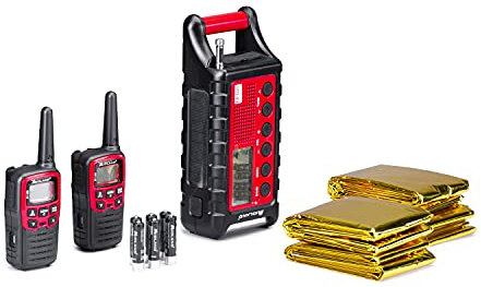 Midland EK35 Emergency Kit - Survival Kit für Wanderer mit 2 PMR446 XT30 Walkie Talkie Transceivern, 2 Sets Wiederaufladbare AAA Batterien, ER300 Notstrombank, Anschlusskabel, 4 Thermodecken