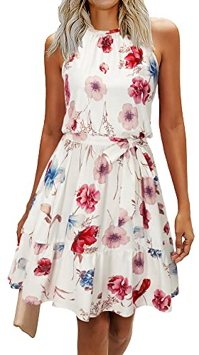 Newshows Sommarklänningar för kvinnor, damklänning, knälång elegant klänning, blommönster, halterneck, volanger fritidsklänningar med fickor, L
