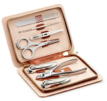 Juego de Cortaúñas Conjunto de uñas de acero inoxidable de 7 piezas, conjunto de uñas de pedicura profesional, conjunto de belleza de viaje portátil con bolsa de moda portátil (gris / marrón) Juegos d