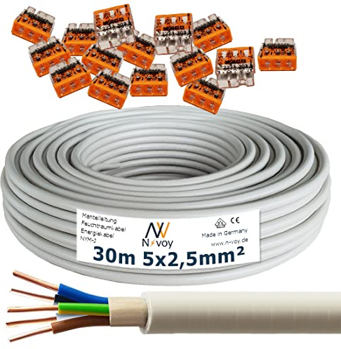 NYM-J 5x2,5 mm² 30m Mantelleitung Installationskabel mit 15 Stück WAGO Klemmen M105