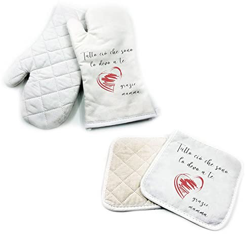 Set da Cucina Guanto da Forno e Presina Festa della Mamma Personalizzato Idea Regalo Speciale Compleanno Natale per la Mamma Cucina Amore Famiglia Tutto ciò che sono lo devo a te Heart Love Family