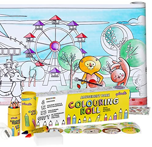 qollorette Malset für Kinder mit Malrolle, Buntstiften, Wachsmalstifte und Aufkleber Freizeitpark– das Perfekte Malbuch für Kind Geschenk, 480 x 29cm (16 feet)