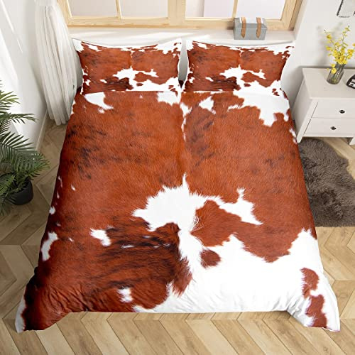 Set di biancheria da letto matrimoniale in pelle bovina bianca marrone con stampa mucca copripiumino per bambini e adolescenti adulti latte western cowboy rustico copriletto decorazione casa camera