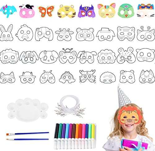 RUIJIE 32 Stück Tiermasken für Kinder Blanko Bemalen Masken Kindermasken zum Ausmalen mit Bungee-Strings Aquarell-Pinsel für Cosplay Party Kindergeburtstag Ostern Halloween Weihnachten Kunsthandwerk