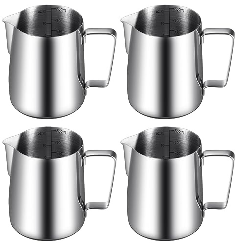 Dandat 4 Pcs Milk Frothing Pitcher Espresso Steaming Pitchers 12 Oz Stainless Steel Milk Steamer Cup Frother Jug for Espresso, Latte Art, Chai Cappuccino Hot Chocolate