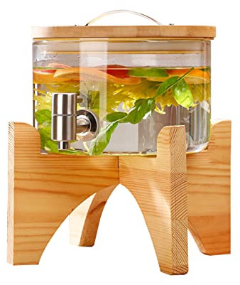 LTLWSH Dispensador de Bebidas de Cristal, Botella con Grifo Soporte y Tapa de Madera para Bebida Caliente o fría, Garrafa de Agua de 3 L,B