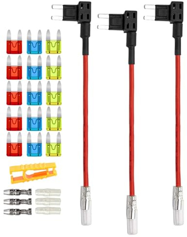 Aiqeer 3 Stück 12V / 24V Klein Add-a-Circuit Sicherung Taps, Auto Piggyback Sicherungshalter mit Kabelbaum, Gratis 15 Stück Mini Flachsicherungen und Sicherungszieher (Butt Terminal)
