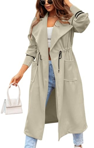 Fazortev Women Coat Pocket Casual Drawstring Waist Open Front Classic Lapel Overcoat