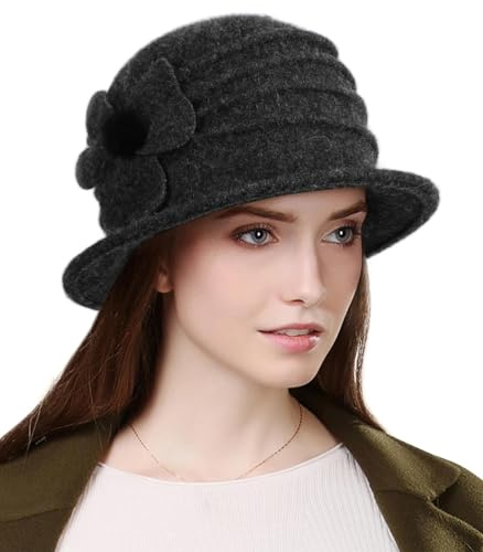 Comilaka kvinnor basker hatt enfärgad fransk vintage blommig ullklänning Cloche klassisk vinterhatt 1920-talet, Grå, en storlek