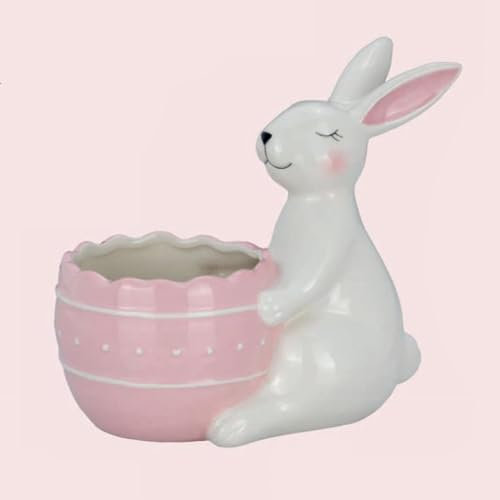 große Deko Hasen Figur Keramik 16.4 cm - sitzender weißer Osterdeko Hase mit rosa Topf - Osterhasen Frühjahresdeko zum hinstellen