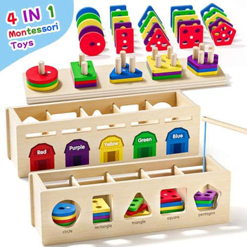 UMEREACT 4-in-1-Formsortierer, Sortieren und Stapeln, hölzernes Montessori-Spielzeug, 12 Monate altes Baby, Jungen und Mädchen, Toddler Kleinkind Angelspiel für 1-, 2- und 3-Jährige, Geschenke