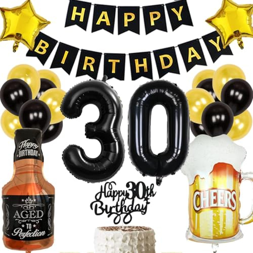 Anlgdi Geburtstagsdeko 30 Jahre Mann Frau, Ballon 30. Geburtstag Deko Männer, Schwarz Tortendeko Geburtstag 30 Jahre Mann, Helium Ballon Whiskey Bierglas für 30. Geburtstags Männer Party Dekoration