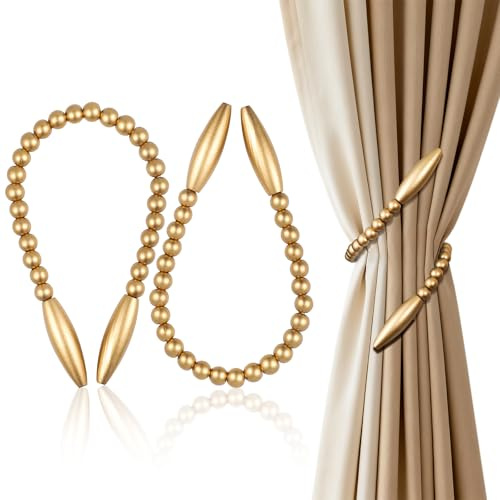OCIOLI Lot de 2 embrasses de Rideaux torsadées de Style bohème avec Perles de Bois, Supports de Rideaux décoratifs pour décoration de Chambre à Coucher, décoration de Chambre d'enfant, (2, Doré)
