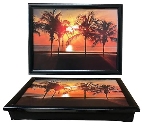 Sunset View Large Wooden Lap Tray with Soft Cushioned Bean Bag - Ideal for Laptops, Dinner, Drinks, and Food Serving Tray
