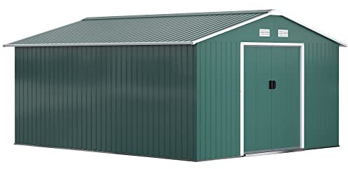 Outsunny Casetta da Giardino 12.4m² con Fondazione, 4 Prese d'Aria e 2 Porte Scorrevoli, Capanno Porta Attrezzi in Lamiera d'Acciaio, 340x386x200 cm, Verde Scuro