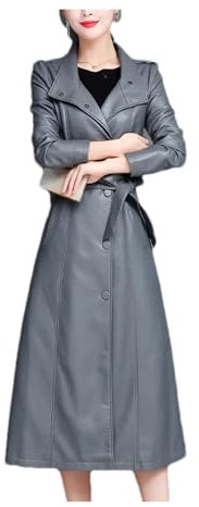 Mnjyihy Frauen Lange Leder Windjacke Mantel Weibliche Dünne Schaffell Leder Jacke Dame Casual Plus Größe Outwear Gray XXL