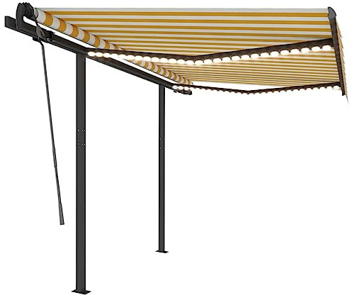 Hovothy Sonnenschutz Markise Gelenkarmmarkise mit Solarbetriebenen LED-Leuchten Terrassen-Markise für Balkon Innenhöfen oder Cafes und Restaurants UV-beständig Gelb und Weiß 350x250 cm
