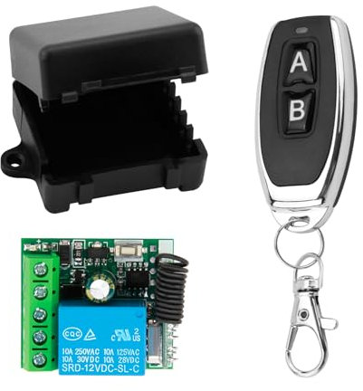 DC 12V Remote Control Switch 433Mhz, RF 10A Wireless Relay Receiver Board Universal with Transmitter Key Fobs, DIY Wireless Controller with DC Connector for Garage Door, Gate Door, Light, Motor