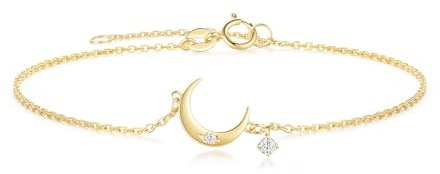 FANCIME Solide 14 Karat 585 Gelb Gold Armband mit Mond Anhänger, Minimalistisch Geschenk Schmuck für Damen Mädchen, Verstellbar Armkette: 17 + 3 cm