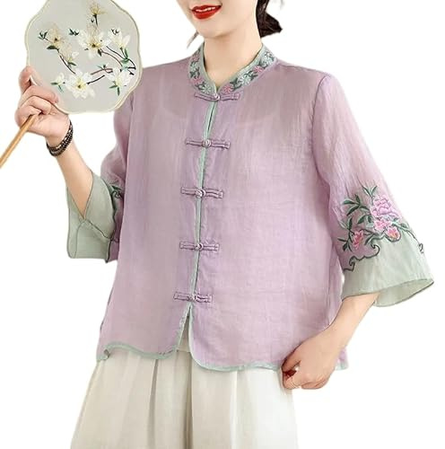 LCDIUDIU Camicia Casual da Donna Vintage con Ricamo Floreale in Lino E Cotone A Maniche 3/4, Rosa con Colletto alla Coreana, Abbottonata, Leggera E Trasparente, Camicetta Tradizionale Etnica Qipao,