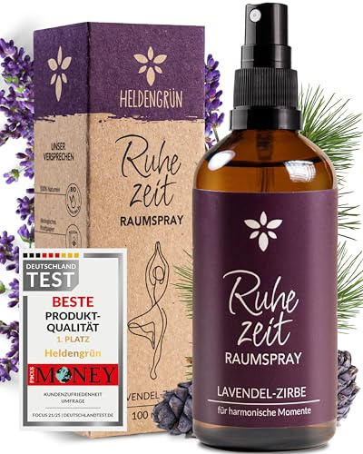 Heldengrün® Kissenspray zum Einschlafen Ruhezeit [ECHTE BIO-ÖLE] Dermatologisch getestet - Kopfkissenspray mit Bio-Lavendel & Zirbe - Schlafwohl Kissenpray