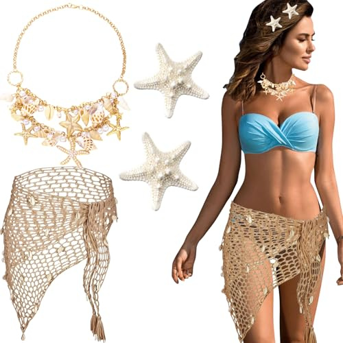 4 pezzi di accessori da sirena per la spiaggia estiva, costume da bagno da sirena da donna, include gonna all'uncinetto da spiaggia, collana di conchiglie e fermagli per capelli, adatti per feste