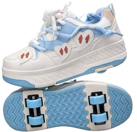 Surwin Dicke Sohle Mode Schuhe mit Rollen für Mädchen,Schuhe mit Rollen Versenkbarer Spazieren, Rollschuhe Abnehmbar Outdoor, Rollschuhe Kinder/Jugendliche, für Jungen Turnschuhe (Blau,40)
