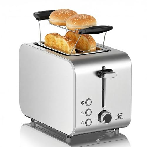 SUPERLEX Toaster 2 Scheiben Doppelschlitz Edelstahl 850W Kompakt Frühstück | 7 Bräunungsstufen, Auftau-, Aufwärm- & Stoppfunktion, Automatischer Auswurf, Inkl. Brötchenaufsatz & Krümelschublade