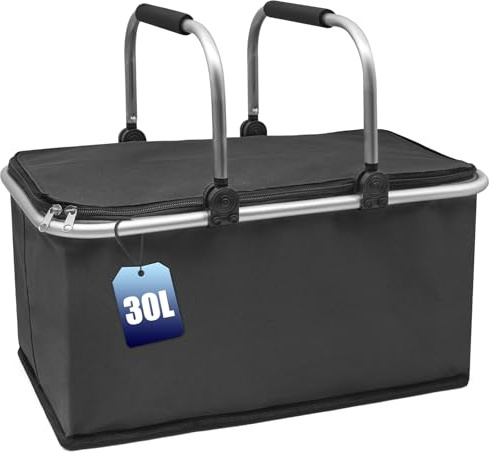 Xiaozhifu Panier Pique-Nique Isotherme 30L, Grand Sac Pliable en Oxford Réistant à l'Eau pour Pique-Nique/Shopping/Cadeau (Noir)