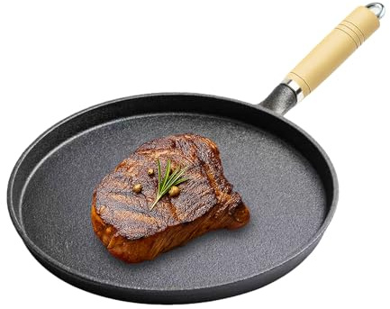 BOYIFEIJIE Gusseisenpfanne, Unbeschichtete Eisenpfanne,Bratpfanne mit Holzgriff, Cast Iron Pan, Steakpfanne Gusseisen Bratpfanne, Runde Pfanne Gusseisen für alle Herdarten inkl Induktion - 26 CM