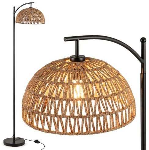 COSTWAY Arc Floor Lamp, 160cm Tall Standing Lamp with Paper Cord Weaving Lampshade, Foot Switch & E26 Socket, Modern Corner Reading Light for Bedroom Living Room Office, Bulbs Not Included