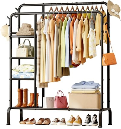 Sakugi Clothes Rail - Double-Rod Clothes Rack with Built-In Hooks & Shelves, Multi-Functional Clothing Rail for Bedroom, Living Room, Entryway, 106 x 39 x 153cm, Black
