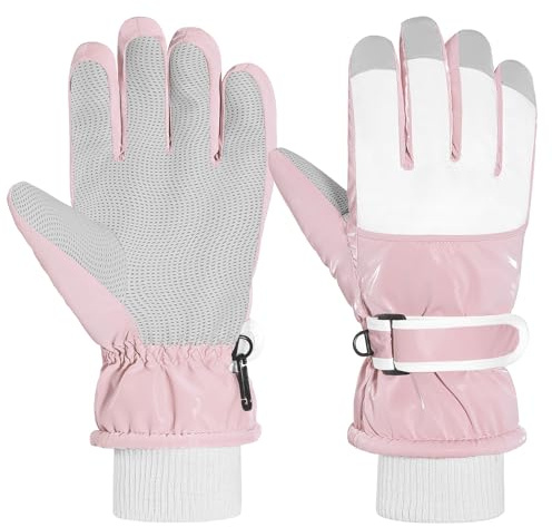 MoKo Kids Winter Snow Gloves, Waterproof Ski Gloves with Elastic Cuffs, Windproof Kid Ski Glove, Thermal Kids Snow Glove for Children Aged 6-15, Skiing, Snowboarding,Sledding,Cycling, Pink&White, M