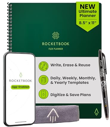Rocketbook Flex wiederverwendbarer Planer, Briefgröße 21,6 x 28,9 cm, Grün | Intelligente undatierte Vorlagen für tägliche, wöchentliche und monatliche Jahreskalender, inklusive Stift und Handtuch