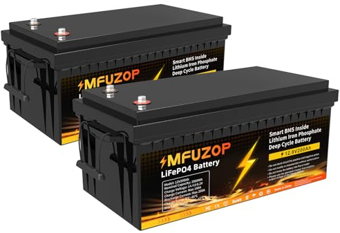 MFUZOP 12V 200AH LiFePO4 Batterie, 200A BMS, MAX 2560W Leistung, 15000+ Zyklen Deep Cycle, Unterstützt Serien/Parallelschaltung, Max.2560Wh Energie für Solar, Wohnmobil, Off-Grid(12V200AH*2Pcs)