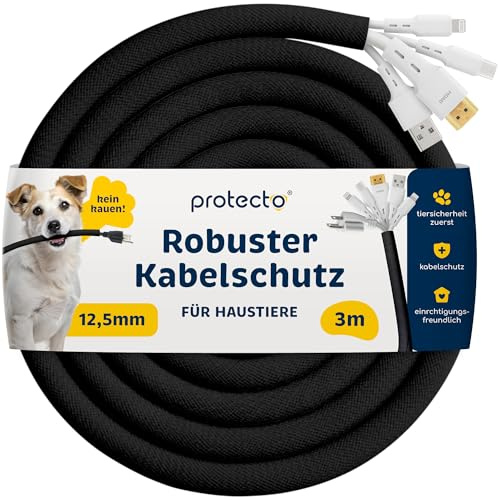 PROTECTO Heavy Duty Dog & Cat Cord Protector 10ft Long Sleeve, Easy-to-Use 12mm Cord Cover for Pet, Odorless Black Color, No Chew Solution for Power, Audio & Video Wire Tubing, Fits 6-8 Cables | Wire Protector for Pets, Cable Cover for Cats, Dogs & Rabbits, Critter Cord Tubing for Audio and Video, Black, Fit 6-8 Cables