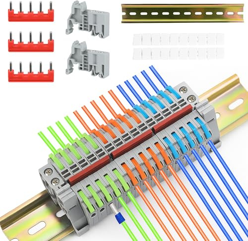 Kompakte Reihenklemmen Hutschiene 15 Stück - 0,08-2,5 mm² Durchgangsklemme | Klemmen Klemmleiste Kit mit Leere Markierungsstreifen Verbindungsleisten (5 Pin) und Führungsschienen