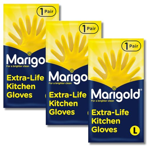 3 Pairs of Extra-Life Kitchen Cleaning Gloves | Roll-Top Cuffs Natural Rubber Latex Textured Grip Gloves with Cotton Lining for Dishwashing, Deep Cleaning & Household Cleaning | (Large) - Yellow