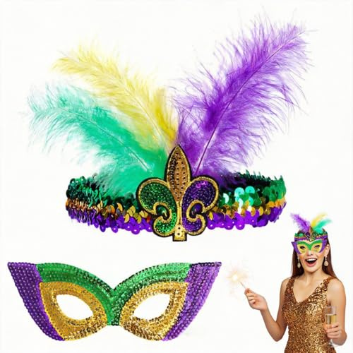 WANGHONGGOGO 2-teiliges Karnevalskostüm-Set, Federkopfschmuck und Maske im New-Orleans-Stil, künstlicher Federkopfschmuck und Maskerademaske, geeignet für Maskenbälle und Geburtstagsfeiern