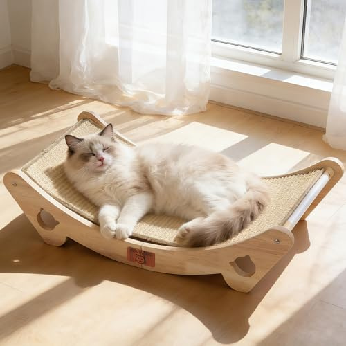 FOVVZDIL Cat Scratcher Bed, 100% Natural Sisal Cat Scratching Board with 160° Curved Design, Durable Sisal Cat Scratch Pad & Sofa for All Cats, Furniture Protector, Solid Wood Style
